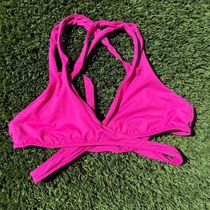 BECCA Hot Pink Bikini Top L Large Halter Criss Cross‎ Tie Swim Beach Summer
